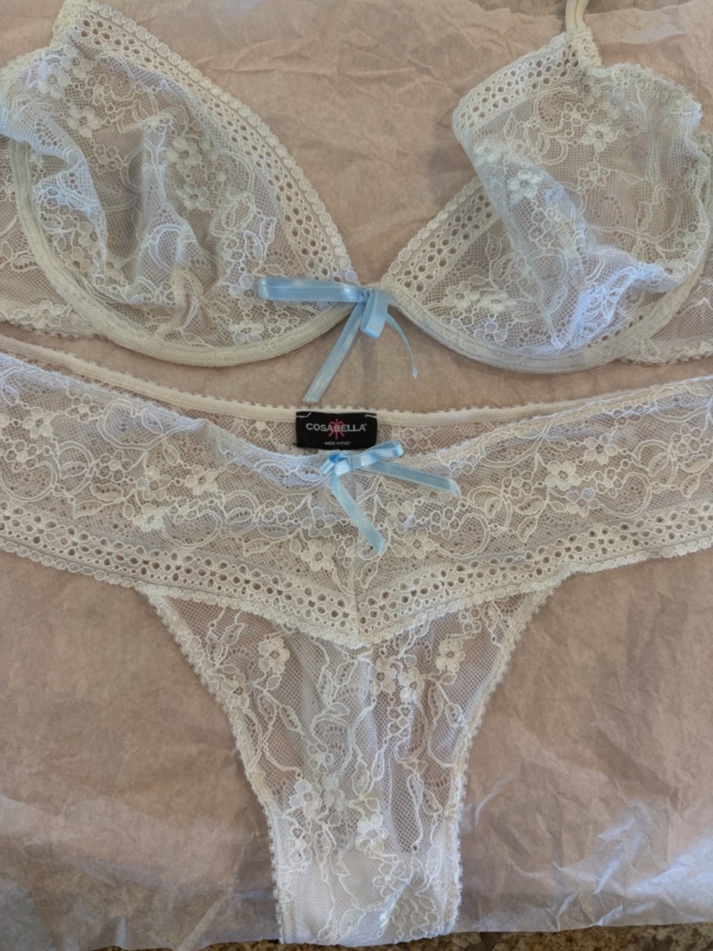 NWOT Cosabella White Lace Bra & Thong Set with Blue Ribbon “something blue”